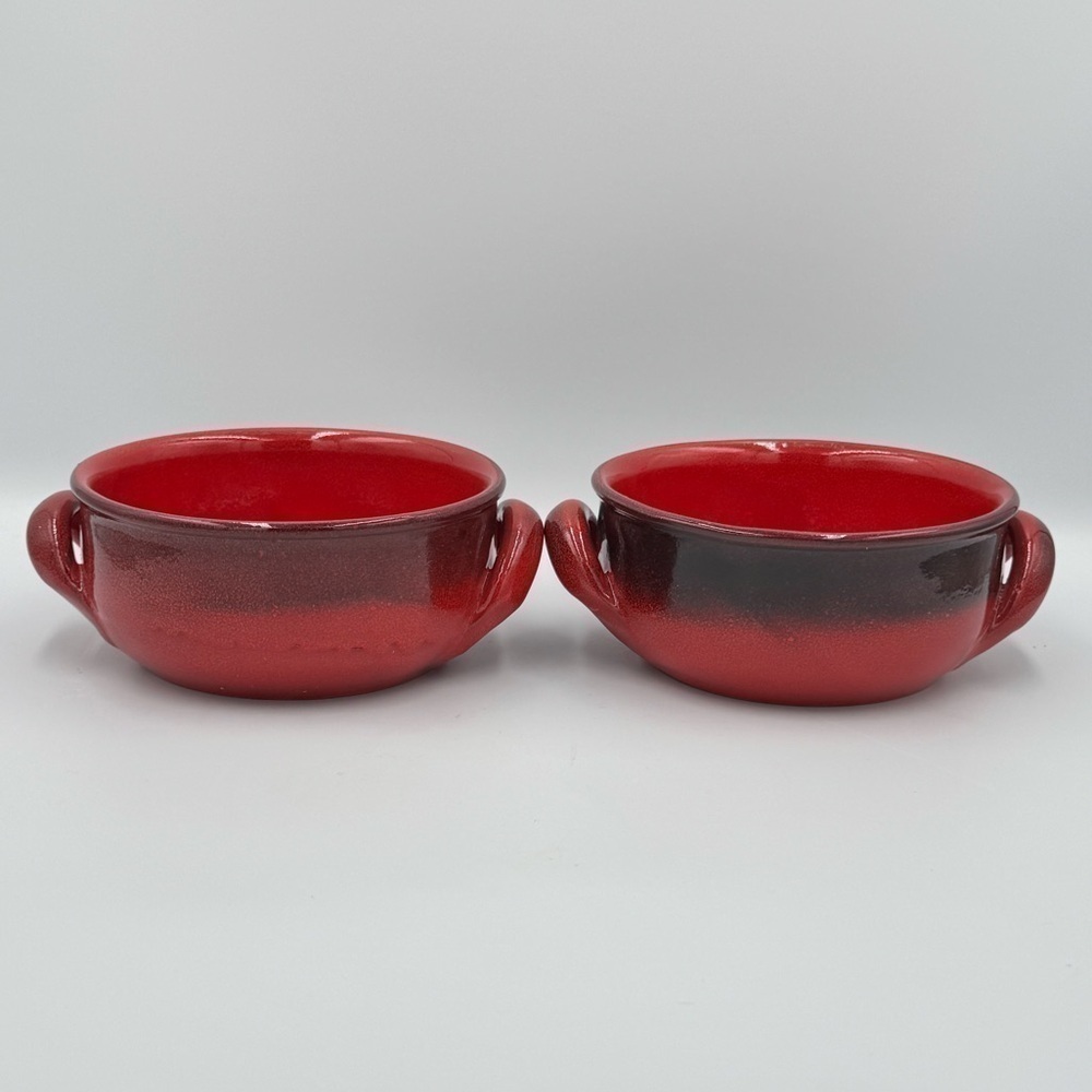 Vintage De Silva Red/Black Ombre' Glazed Ceramic Bowls w/Handles Made in Italy